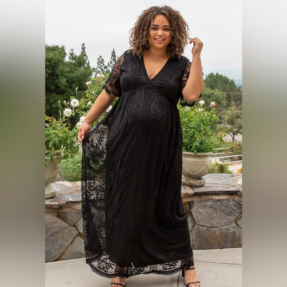 PinkBlush Black Lace Mesh Overlay Maternity Plus Maxi Dress